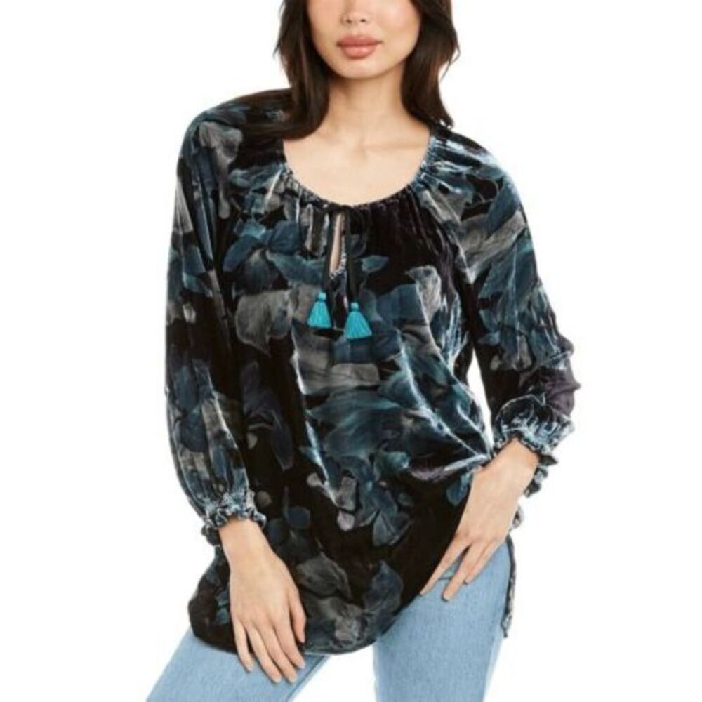 Johnny Was peasant blouse size L in Glowing Iris silk blend‎ boho chic $285